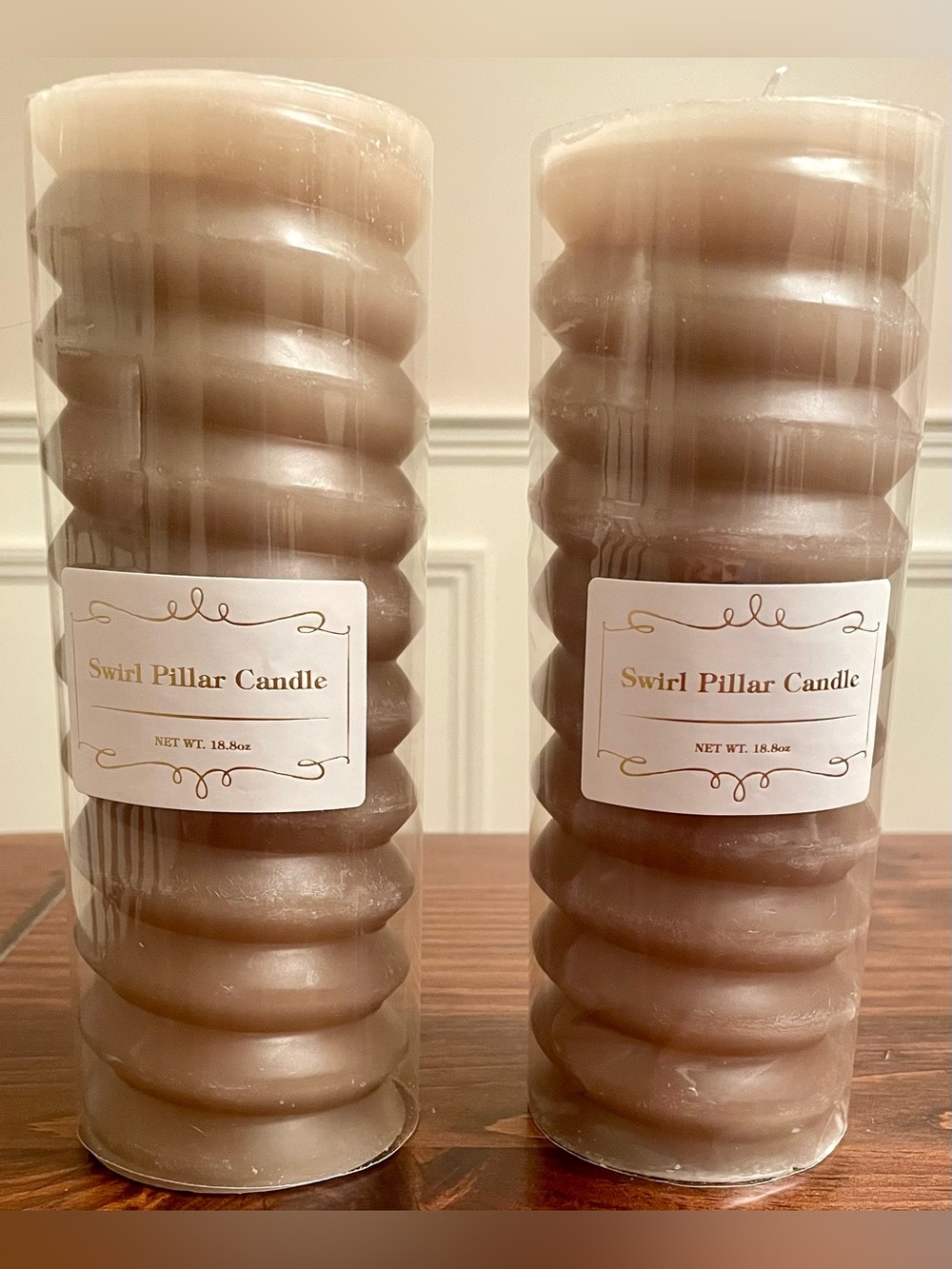 PAIR of Swirl Pillar Candles - Taupe (7.5” x 2.5”) - NEW